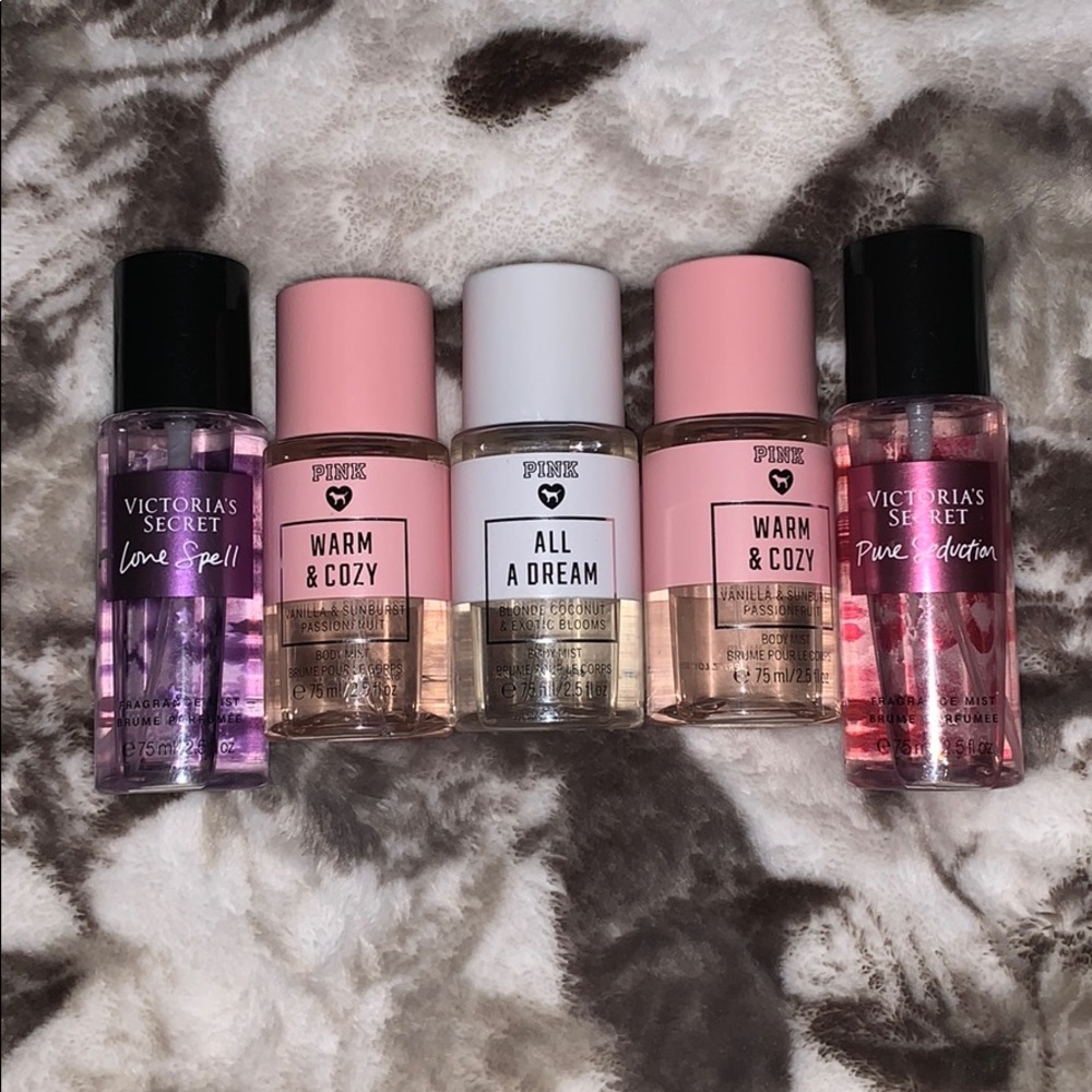 3 Pink and 2 VS perfumes travel size